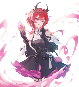 Rule 34 | 1girl, absurdres, arknights, arknights: endfield, bare shoulders, black dress, black gloves, black horns, colored petticoat, commentary, cowboy shot, demon girl, demon horns, detached sleeves, dress, food, gloves, hair between eyes, hair intakes, highres, holding, holding food, holding ice cream, horns, ice cream, laevatain (arknights), licking lips, long hair, looking at viewer, mr. bell, petticoat, purple eyes, red hair, sideless dress, solo, surtr (arknights), tongue, tongue out, untranslatable commentary