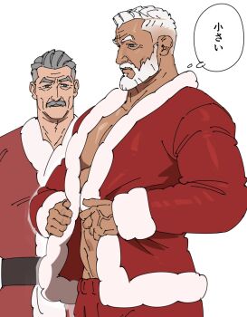 2boys bara beard closed_mouth coat commentary dressing facial_hair full_beard fur-trimmed_coat fur_trim grey_eyes grey_hair highres looking_at_another male_focus mature_male multiple_boys muscular muscular_male mustache old old_man original pants red_coat red_pants sa1k0p santa_costume short_hair simple_background speech_bubble symbol-only_commentary thought_bubble translation_request upper_body white_background white_hair