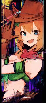 1girl absurdres animal_ears armband bandana bandeau bare_shoulders blue_eyes breasts brown_gloves brown_hair cleavage colt_single_action_army commentary commission cowboy_hat ears_through_headwear english_commentary finger_gun gloves green_armband green_bandeau gun hair_ornament handgun hat highres holstered horse_ears horse_girl interlocked_fingers large_breasts looking_at_viewer midriff open_mouth own_hands_clasped own_hands_together red_bandana revolver rnna smile solo star_(symbol) star_hair_ornament taiki_shuttle_(umamusume) taiki_shuttle_(wild_frontier)_(umamusume) umamusume weapon