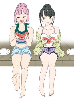 &gt;_&lt; 2girls :d anyoji_hime anyoji_hime_(sleepover_at_ginko&#039;s) armpit_crease bare_shoulders barefoot black_hair blue_shorts blunt_sidelocks blush breasts camisole cardigan cleavage closed_eyes closed_mouth collarbone commentary_request eating food food_bite food_on_face fruit green_camisole green_cardigan hair_bun halterneck hanging_legs heart heart_in_mouth highres holding holding_food holding_fruit holding_watermelon large_breasts leg_up link!_like!_love_live! llkapital love_live! midriff miniskirt momose_ginko momose_ginko_(sleepover_at_ginko&#039;s) multiple_girls navel off_shoulder official_alternate_costume official_alternate_hairstyle open_mouth outdoors pink_hair plate purple_camisole purple_skirt see-through_cardigan short_hair short_shorts shorts sidelocks simple_background single_hair_bun sitting skirt smile soles split_mouth striped_camisole toes two-tone_camisole veranda virtual_youtuber watermelon watermelon_slice white_background white_camisole xd