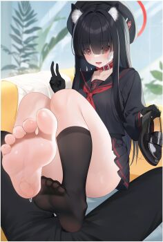 1boy 1girl absurdres animal_collar animal_ears bandaid bandaid_on_face barefoot bent_v beret black_gloves black_headwear black_serafuku black_socks blue_archive blunt_bangs blurry blurry_background cat_ears collar collarbone feet feet_rest foot_focus foreshortening gloves hair_over_eyes halo hat hetero highres holding holding_shoes holding_unworn_clothes indoors justice_task_force_member_(blue_archive) kemonomimi_mode long_sleeves looking_at_viewer mako_(makoda) necktie pleated_skirt pov pov_crotch red_eyes red_halo red_necktie school_uniform serafuku shoes single_bare_foot skirt socks soles sweat sweatdrop toenails toes unworn_shoes v