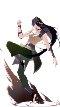 1girl avatar:_aang_the_last_airbender avatar:_the_last_airbender avatar_legends black_hair blind breasts chishu04 commentary highres kicking long_hair mask muscular muscular_female smile solo toph_beifong untranslatable_commentary