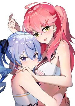 2girls absurdres ahoge blue_eyes blue_hair breasts carternanmen closed_mouth green_eyes hair_ornament highres hololive hololive_summer_2023_swimsuit hoshimachi_suisei hug large_breasts looking_at_viewer multiple_girls official_alternate_costume one_side_up pink_hair sakura_miko sideboob small_breasts tongue tongue_out virtual_youtuber x_hair_ornament