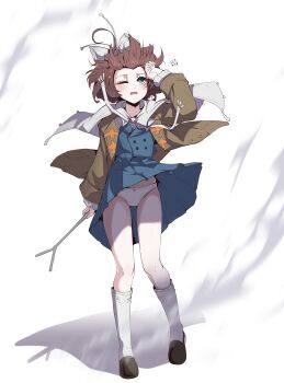 1girl ;o absurdres blue_eyes blue_skirt blue_vest bow brown_hair brown_jacket brown_shoes cape clothes_lift floating_hair flutterpage full_body hair_bow hair_floating_upwards hand_on_own_head hand_up highres holding holding_rod jacket looking_up male_focus miniskirt one_eye_closed open_mouth panties pantyshot pleated_skirt reverse:1999 rod shadow shoes short_hair singwee skirt skirt_lift socks standing underwear vest white_background white_bow white_cape white_panties white_socks wind wind_lift