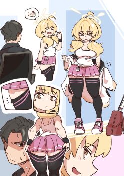 1boy 1girl blonde_hair blue_archive brown_eyes full_body halo highres low_twintails mabufuyo sensei_(blue_archive) smile spoken_food tagme teasing thick_thighs thighhighs_pull thighs twintails yellow_halo yoshimi_(blue_archive)