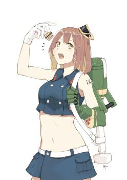 1girl afa arm_tattoo artist_name breasts brown_eyes brown_hair clip_(weapon) command_&amp;_conquer gloves hat medium_hair midriff mini_hat pocket prosthesis prosthetic_arm short_shorts shorts small_breasts tattoo white_background white_gloves