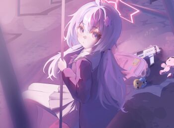 1girl backpack bag blue_archive closed_mouth commentary double-parted_bangs feet_out_of_frame from_side grey_hair grey_skirt gun halo highres holding holding_rod karyou_dayo long_hair looking_at_viewer looking_to_the_side pink_halo pleated_skirt purple_eyes purple_hair purple_shirt purple_theme reisa_(blue_archive) rod sailor_collar school_uniform serafuku shirt sitting skirt solo star_halo symbol-only_commentary twintails weapon white_sailor_collar