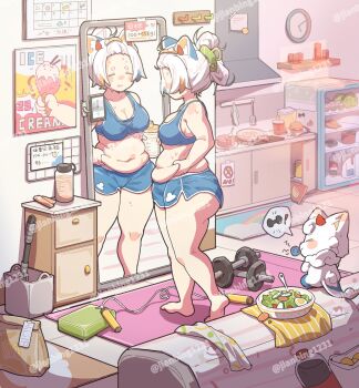 1girl animal_ear_fluff animal_ears apartment artist_request belly_grab blonde_hair blue_hair blue_shirt blue_shorts blush breasts camisole chignon chips_(food) closed_eyes crop_top food from_side hair_ornament hair_up hairclip highres horns jump_rope mascot mcdonald&#039;s medium_breasts mirror multicolored_hair navel original pancake33 plump salad shirt short_shorts shorts sleeveless sleeveless_shirt socks soda standing sweat thick_thighs thighs twitter_username watermark weight_conscious weight_gain weights white_hair workout_clothes