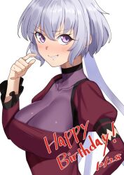Rule 34 | 1girl, blush, bodystocking, breasts, cleavage, detached sleeves, dress, grey hair, grin, happy birthday, large breasts, long hair, looking at viewer, puffy sleeves, purple eyes, red dress, scratching cheek, senki zesshou symphogear, simple background, skindentation, smile, solo, tsukamoto kensuke, twintails, upper body, white background, yukine chris