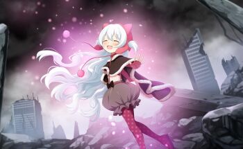 1girl ^_^ animal_ear_headwear animal_ears artist_request beanie belt black_bow black_cloak boots bow bow_skirt brown_choker brown_shirt bubble_skirt buckle building cat_ears choker cloak closed_eyes cloud cloudy_sky crop_top dot_nose earflap_beanie fake_animal_ears fingerless_gloves floating_clothes floating_hair foot_out_of_frame frilled_skirt frills fur-trimmed_cloak fur_choker fur_trim game_cg gloves glowing grey_skirt hair_between_eyes hair_through_headwear happy hat highres light_particles long_hair magia_record:_mahou_shoujo_madoka_magica_gaiden magical_girl mahou_shoujo_madoka_magica mahou_shoujo_madoka_magica_magia_exedra midriff miniskirt momoe_nagisa official_alternate_color official_art open_mouth outdoors pink_belt pink_boots pink_gloves pink_hat polka_dot_footwear pom_pom_(clothes) ruins shirt skirt sky skyscraper smile solo suspender_skirt suspenders thigh_boots two_side_up very_long_hair waving wavy_hair white_hair