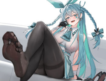 1girl absurdres aqua_skirt ascot bare_shoulders belt black_gloves black_pantyhose black_survival blue_eyes blue_hair braid breasts collared_shirt covered_erect_nipples emma_hardy eternal_return:_black_survival eyeshadow facial_mark feet gloves hair_ribbon hand_up high-waist_skirt high_heels high_heels_removed highres large_breasts leg_up long_hair looking_at_viewer makeup miniskirt no_bra no_shoes open_mouth pantyhose presenting_foot ribbon see-through_clothes see-through_shirt shirt shoes sitting skirt sleeveless sleeveless_shirt smile soles solo thighband_pantyhose toes tunamayo_(dsasd751) twin_braids two_side_up unworn_shoes very_long_hair white_shirt wrist_cuffs