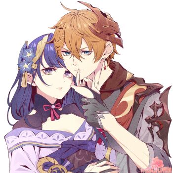 1boy 1girl ahoge armor artist_name black_gloves blue_eyes blue_pupils blunt_bangs breasts bridal_gauntlets cleavage closed_mouth clothing_cutout collared_shirt couple duplicate earrings fan_hair_ornament flower formal_clothes bad_tag genshin_impact gloves hair_between_eyes hair_flower hair_ornament head_tilt highres holding_another's_wrist holding_hands index_finger_raised japanese_clothes jewelry kimono large_breasts leaning_on_person long_hair looking_at_viewer looking_to_the_side mask mask_on_head mitsudomoe_(shape) mole mole_under_eye multicolored_eyes neck_ribbon off_shoulder orange_hair phlower_luna pink_lips purple_eyes purple_hair purple_kimono purple_nails raiden_shogun red_mask red_ribbon red_sash ribbon sash shade shirt short_hair shoulder_armor shoulder_cutout simple_background single_earring sleeves_rolled_up standing suit tartaglia_(genshin_impact) tomoe_(symbol) upper_body white_background