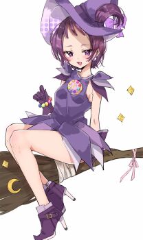 1girl boots brooch broom broom_riding chigasaki_yukari dress forehead gloves hat highres jewelry looking_at_viewer magical_girl ojamajo_doremi one_side_up open_mouth purple_boots purple_dress purple_eyes purple_gloves purple_hair purple_hat segawa_onpu short_hair simple_background smile solo white_background witch_hat