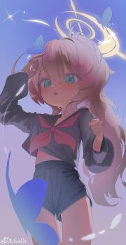 1girl artist_name black_shirt blue_archive blue_shorts bug butterfly commentary dolphin_shorts dorusan_02 green_eyes halo highres insect long_hair long_sleeves neckerchief open_mouth professor_niyaniya_(blue_archive) red_neckerchief shirt shorts signature solo yellow_halo