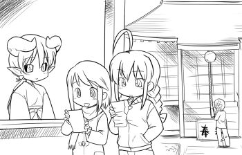 Rule 34 | 1boy, 3girls, ahoge, astaroth (shinrabanshou), black sclera, braid, colored sclera, earrings, greyscale, hinemosu notari, horns, japanese clothes, jewelry, lineart, marvel, miko, monochrome, multiple girls, new year, os-tan, pointy ears, shinrabanshou, shrine, shrine bell, single braid, slit pupils, spider-man, spider-man (original suit), spider-man (series), twin braids, we-tan, yamada-san