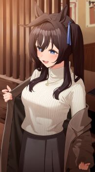 Rule 34 | 1girl, absurdres, alternate costume, animal ears, black skirt, blue ribbon, blush, breasts, brown hair, cidersour, commentary request, hair ribbon, highres, horse ears, horse girl, medium breasts, mole, mole under mouth, multicolored hair, open mouth, ribbon, skirt, solo, streaked hair, umamusume, vivlos (umamusume)