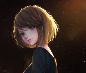 1girl brown_hair caesty female_focus lips original short_hair signature solo