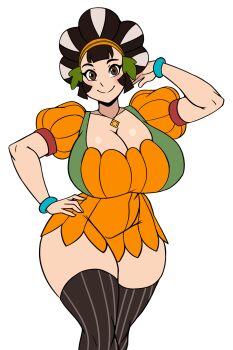 1girl alternate_costume beehive_hairdo black_hair blush bracelet breasts brown_eyes cleavage cowboy_shot dress facing_viewer hairband hand_on_own_hip huge_breasts jewelry kina_(zelda) nintendo puffy_short_sleeves puffy_sleeves second-party_source short_dress short_sleeves smile solo the_legend_of_zelda the_legend_of_zelda:_skyward_sword thick_thighs thighhighs thighs white_background white_hair wide_hips