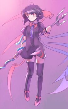 1girl ahoge asymmetrical_wings black_hair black_thighhighs blue_snake blush bow bowtie commentary_request footwear_bow hand_up head_tilt holding holding_polearm holding_weapon houjuu_nue one-hour_drawing_challenge pointy_ears polearm purple_background rangycrow red_bow red_bowtie red_eyes red_shoes shoes short_hair short_sleeves sideways_glance smile solo thighhighs touhou trident weapon wings zettai_ryouiki