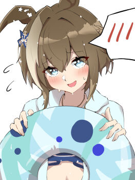 Rule 34 | 1girl, animal ears, bikini, blue bikini, blue eyes, blush, braid, breasts, brown hair, cheval grand (summer calm navy drop) (umamusume), cheval grand (umamusume), commentary request, hair between eyes, half up braid, half up half down braid, highres, holding, holding swim ring, horse ears, horse girl, innertube, jacket, jewelry, looking at viewer, multicolored hair, necklace, official alternate costume, official alternate hairstyle, open mouth, simple background, smile, solo, speech bubble, streaked hair, sweat, swim ring, swimsuit, tylerdurdenen, umamusume, white background, white streaks