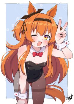 1girl animal_ears black_leotard boppin breasts cameltoe commission detached_collar highres horse_ears horse_girl horse_tail leotard loli long_hair mayano_top_gun_(umamusume) nontraditional_playboy_bunny one_eye_closed orange_hair pantyhose playboy_bunny small_breasts solo tail umamusume v wrist_cuffs