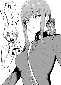 1boy 1girl bad_id bad_twitter_id blush braid breasts chainsaw_man chaldea_uniform command_spell cosplay denji_(chainsaw_man) fangs fate/grand_order fate_(series) florence_nightingale_(fate) florence_nightingale_(fate)_(cosplay) folded_ponytail fujimaru_ritsuka_(male) fujimaru_ritsuka_(male)_(cosplay) greyscale highres jacket kogureya7 look-alike makima_(chainsaw_man) military_jacket monochrome strap