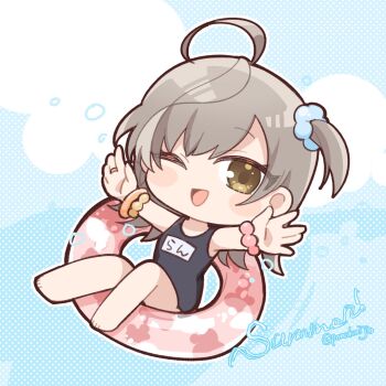 1girl ;d assault_lily bangle bare_arms bare_legs bare_shoulders barefoot black_one-piece_swimsuit blue_background blue_scrunchie blush bracelet chibi cloud commentary_request grey_hair hair_ornament hair_scrunchie hands_up highres innertube jewelry looking_at_viewer multicolored_hair name_tag official_alternate_costume official_alternate_hairstyle one-piece_swimsuit one_eye_closed one_side_up open_mouth outstretched_arms pink_scrunchie polka_dot polka_dot_background ponokaijo ring sasaki_ran school_swimsuit scrunchie sitting smile solo streaked_hair swim_ring swimsuit twitter_username wrist_scrunchie yellow_eyes yellow_scrunchie