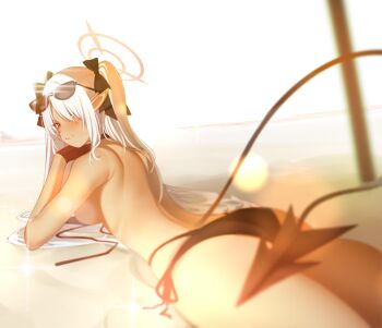 1girl absurdres ass bare_back beach bikini black_bikini black_bow black_gloves blue_archive blush bow breasts clenched_teeth dark-skinned_female dark_skin demon_girl demon_tail eyewear_on_head from_behind gloves grey_hair hair_bow hair_over_one_eye halo highres iori_(blue_archive) iori_(swimsuit)_(blue_archive) large_breasts lying on_stomach pink_halo pointy_ears sidelocks solo sun_glare sunglasses sweatdrop swimsuit tail teeth twintails yuuri7390