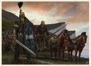 6+boys animal arm_tattoo armor artist_name blinkers_(horse_tack) brown_shoes cape celtic chainmail chariot christian_sloan_hall commentary english_commentary graphite_(medium) green_cape highres holding holding_polearm holding_shield holding_sword holding_weapon horse monochrome multiple_boys original polearm roman_numeral shield shoes short_hair sketch spear sword tattoo traditional_media united_kingdom weapon