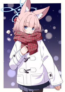 1girl :o alternate_costume animal_ear_fluff animal_ears black_pantyhose black_skirt blue_archive blue_eyes blush border coat commentary cowboy_shot gradient_background halo highres long_sleeves looking_to_the_side miniskirt niko_(blue_archive) open_mouth outside_border pantyhose pink_hair plaid_clothes plaid_scarf pleated_skirt purple_background red_scarf scarf short_hair skirt solo white_border white_coat zundamochi_(sera)