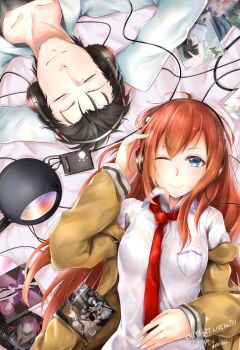 1boy 1girl absurdres akiha_rumiho album_cover alternate_eye_color amane_suzuha arm_belt beard_stubble belt black_shirt blue_eyes breast_pocket breasts brown_hair brown_jacket chaos;child chaos;head chuo_tanegashima_high_school_uniform closed_eyes collarbone collared_shirt commentary_request couple cover facial_hair hair_between_eyes hair_over_shoulder headphones hekiho_academy_school_uniform highres jacket jacket_partially_removed kiryuu_moeka lab_coat long_hair loose_necktie lying makise_kurisu messy_hair narusawa_ryouka necktie occultic;nine okabe_rintarou on_back on_bed one_eye_closed onoe_serika pocket purple_trim red_necktie robotics;notes sakihata_rimi school_uniform science_adventure senomiya_akiho shiina_mayuri shirt short_hair small_breasts steins;gate stubble suimei_academy_school_uniform t-shirt urushibara_luka white_belt white_shirt yakku