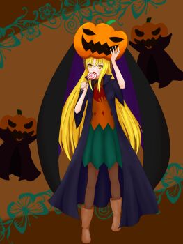 1girl alternate_costume bat_wings blonde_hair boots brown_boots brown_pantyhose candy duster food frills green_skirt halloween highres kurumi_(touhou) logia13laplace lollipop long_hair orange_shirt pantyhose pumpkin_hat shirt skirt solo swirl_lollipop touhou touhou_(pc-98) wings