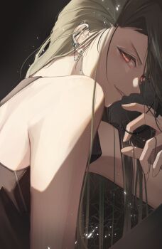 1girl absurdres bare_shoulders black_background black_dress dress ear_piercing earrings green_hair hand_in_own_hair highres jewelry long_hair looking_over_shoulder miz_gracia nape nintendo piercing pokemon pokemon_sv red_hair rika_(pokemon) very_long_hair