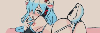 1girl animal_ears animal_print bikini blue_eyes blue_hair blush cow_print cow_print_bikini cunnilingus_gesture fake_tail hair_over_one_eye hatsune_miku long_hair looking_at_viewer non-web_source print_bikini saliva saliva_trail swimsuit tail vocaloid