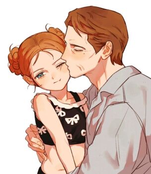 Rule 34 | 1boy, 1girl, age difference, braid, brown hair, closed eyes, commentary request, couple, double bun, hair bun, hetero, highres, hug, kiss, kissing cheek, korean commentary, midriff, one eye closed, orange hair, original, s22uic, shirt, simple background, smile, white background
