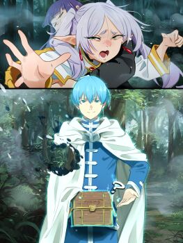 1boy 2girls ? absurdres angry aura blue_eyes blue_hair blush box cape closed_eyes crying dick_in_a_box disgust elf embarrassed fern_(sousou_no_frieren) frieren grabbing_from_behind grass green_eyes highres himmel_(sousou_no_frieren) humiliation khyle. leaf multiple_girls open_mouth pointy_ears prank purple_hair sad smile snot sousou_no_frieren struggling tears treasure_chest tree tussle vanishing white_hair