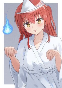 1girl absurdres alternate_eye_color azakura_(beniyomogi) blush bocchi_the_rock! border closed_mouth collarbone commentary_request fire grey_background hair_between_eyes hands_up hat highres japanese_clothes kimono kita_ikuyo long_bangs long_hair long_sleeves looking_at_viewer one_side_up orange_eyes outside_border paper_hat red_hair solo tongue tongue_out upper_body white_border white_kimono wide_sleeves wispy_bangs