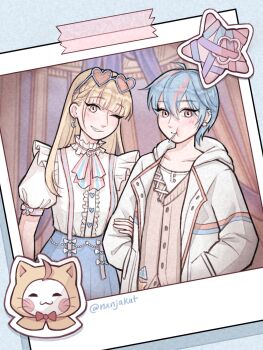 +_+ 2girls ^_^ ahoge bebe_(infinity_nikki) blonde_hair blue-framed_eyewear blue_background blue_hair blue_skirt blunt_bangs blush_stickers bow bowtie braid brown_eyes brown_vest buttons candy center_frills cloak closed_eyes collarbone commentary crescent crescent_earrings dada_(infinity_nikki) ear_covers ear_piercing earrings english_commentary expressionless eyelashes eyewear_on_head food food_in_mouth frills glasses grin hair_between_eyes hands_in_pockets happy heart_button high-waist_skirt highres holding_another&#039;s_arm hood hood_down hood_up hooded_cloak hooded_jacket infinity_nikki jacket jewelry light_blush lollipop lollipop_in_mouth long_sleeves magnet momo_(nikki) multicolored_hair multiple_girls nikki_(series) nxnjakat one_eye_closed open_clothes open_jacket patch photo_(object) piercing pink-tinted_eyewear pink_bow pink_bowtie pink_hair puffy_short_sleeves puffy_sleeves red_bow red_bowtie shadow shirt short_hair short_sleeves side_braid single_sidelock single_stripe skirt sleeve_bow smile star_(symbol) streaked_hair striped_bow striped_bowtie striped_clothes sunglasses suspender_skirt suspenders sweater_vest tape tinted_eyewear traditional_bowtie triangle twitter_username vest whimstar_(infinity_nikki) whiskers white_jacket white_shirt yarm_helmet yellow_cloak