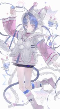 1girl absurdres animal animal_ears blue_eyes boots facial_mark fake_animal_ears full_body hat heilanshuimuchu highres long_hair long_sleeves original parted_bangs pink_hair pom_pom_(clothes) socks solo star_(symbol) tail twintails