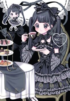 1girl accurate_lolita_coord black_bow black_dress black_hair blush bow chair chibi chibi_inset commentary commission croissant cup detached_sleeves dress food frilled_dress frills gothic_lolita hair_bow highres holding holding_cup lace lolita_fashion lolita_print long_hair long_sleeves macaron original print_dress ribbon sitting skeb_commission smile solo_focus symbol-only_commentary table teacup tiered_tray twintails watermark yuni_(s_ribbon)