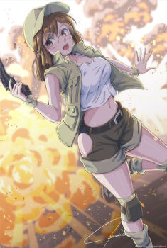 1girl absurdres baseball_cap belt breasts brown_eyes brown_hair clothing_cutout commentary_request crop_top explosion explosion_background fio_germi fire glasses gun handgun hat highres hip_vent holding holding_gun holding_weapon knee_pads metal_slug midriff navel open_clothes open_mouth open_vest revision round_eyewear short_shorts shorts signature solo tyanoki utility_vest vest weapon wristband