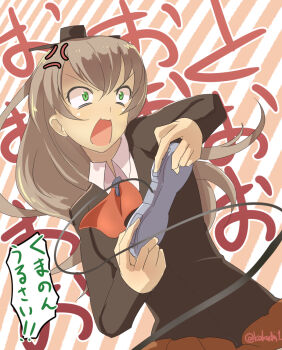 &gt;:o 10s 1girl :o anger_vein angry brown_hair cable commentary_request controller female_focus game_console game_controller green_eyes hair_ornament highres kakudai_(hujikolp) kantai_collection kumano_(kancolle) long_hair long_sleeves open_mouth ponytail school_uniform screaming solo super_famicom translation_request twitter_username v-shaped_eyebrows