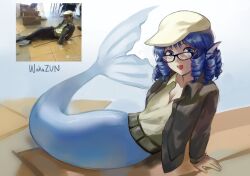 Rule 34 | :d, arm support, belt, blue eyes, blue hair, breasts, brown belt, brown jacket, cleavage, collared shirt, cosplay, drill hair, drill sidelocks, fins, flat cap, full body, glasses, hat, head fins, highres, himuhino, jacket, long sleeves, medium hair, mermaid, monster girl, open mouth, photo-referenced, shirt, sidelocks, small breasts, smile, touhou, wakasagihime, yellow shirt, zun, zun (cosplay), zun hat