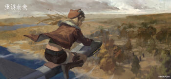 1girl animal_ear_headwear aviator_cap blonde_hair blue_eyes boots broom broom_riding brown_boots brown_hat brown_jacket brown_shorts copyright_name copyright_notice fake_animal_ears floating_hair from_behind full_body goggles goggles_on_headwear grey_sky grin hat highres horizon jacket lilya_(reverse:1999) logo long_hair mechanical_broom midriff official_art official_wallpaper outdoors pouch profile reverse:1999 shorts sky smile solo steppe thigh_pouch tree