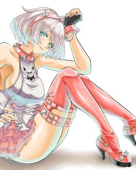 1girl absurdres aqua_eyes black_gloves blush bob_cut boots bracelet breasts closed_mouth collar commentary_request dress eiji_(illustr92828969) elbow_on_knee elphelt_valentine fingerless_gloves fingernails gloves guilty_gear guilty_gear_strive hairband hand_on_own_hip high_heel_boots high_heels highres jewelry knees_up large_breasts looking_at_viewer no_jacket pink_boots pink_collar pink_hairband shadow sideboob simple_background sitting sleeveless sleeveless_dress smile solo spiked_boots spiked_bracelet spiked_collar spiked_hairband spikes thigh_boots white_background white_dress white_hair