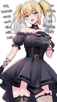 ani_(xai) blonde_hair blue_eyes english_text fishnets gloves goth_fashion gothic_lolita grok_(xai) highres kneehighs lolita_fashion looking_at_viewer nekobox smile socks thighs twintails