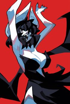 1girl 2019 animal_ears arms_up bare_arms bare_legs bat_ears bat_girl black_dress black_eyeshadow black_hair black_lips borrowed_character breasts cleavage_cutout clothing_cutout commentary dress english_commentary eva_(semlgrim) eyeshadow female_focus floating_hair half-closed_eyes hands_up highres large_breasts looking_at_viewer makeup mole mole_under_eye monster_girl niking open_mouth original pointy_nose red_background red_eyes side_slit simple_background slit_pupils solo wings