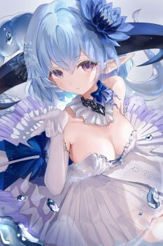 1girl absurdres aqua_hair blue_bow blue_flower bow breasts cleavage collarbone detached_collar dragon_girl dragon_horns dragon_tail dress elbow_gloves filene_(shadowverse) flower gloves hair_between_eyes hair_flower hair_ornament highres horns kuuwasama large_breasts light_blush looking_at_viewer lotus medium_breasts parted_lips pointy_ears purple_eyes shadowverse solo strapless strapless_dress tail water white_dress white_gloves