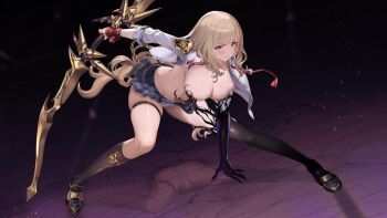 1girl arm_behind_back ass asymmetrical_legwear bandaid bandaids_on_nipples black_background black_gloves blonde_hair blush bow_(weapon) breasts brown_dust_(series) brown_dust_2 checkered_clothes checkered_skirt cleavage covered_erect_nipples eleaneer_(brown_dust) gloves hand_on_floor hanging_breasts holding holding_bow_(weapon) holding_weapon indoors kneehighs large_breasts loafers long_hair loose_necktie necktie no_bra open_clothes panties pantyshot pantyshot_through_reflection pasties pubic_tattoo purple_eyes red_wrist_cuffs reflection school_emblem school_uniform second-party_source shirt shoes skindentation skirt socks solo striped_clothes striped_necktie superhero_landing symbiote tattoo thigh_strap thighs tile_floor tiles unbuttoned unbuttoned_shirt underwear v-shaped_eyebrows very_long_hair weapon white_shirt wrist_cuffs