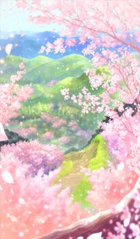 blue_sky cherry_blossoms commentary_request day falling_petals fate/grand_order fate_(series) game_cg hill mountainous_horizon nature no_humans official_art petals sakumamitsuro scenery sky third-party_source wind
